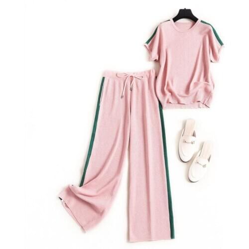 New European and American womens dresses for spring 2020 Short sleeve knit T-shirt Pants elastic waist nine minutes suit