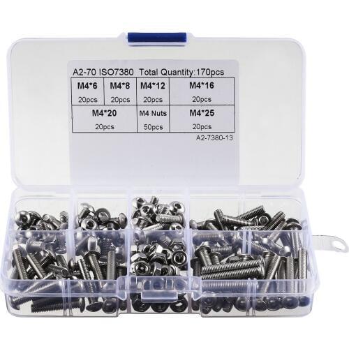 Wholesale 170pcs 304 Stainless Steel M4 Hex Socket Button Head Screw Bolt Nut Assortment Kit Fastener Hardware with Storage Case