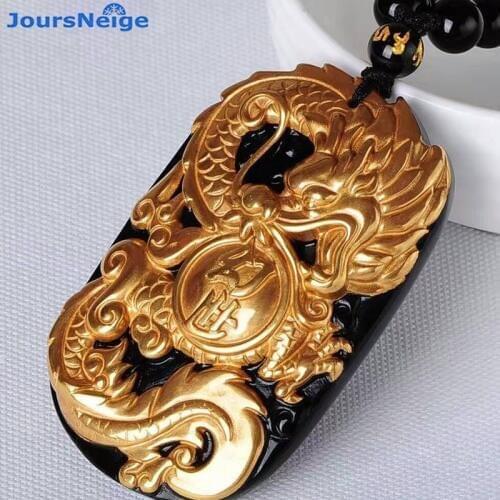 JoursNeige Wholesale Gold Natural Black Obsidian Carving Dragon Lucky Amulet Pendant Luck For Women Men Pendants Fashion Jewelry