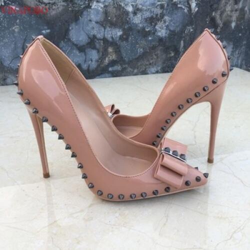 Size 35-45 Sexy Spikes Stud Shallow Toe Bow-tie Classical Women Pumps Party Dress Ladies shoes Stiletto High Heels Party Shoes