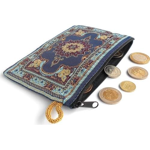 3 Pcs | Handmade Navy Blue-Yellow Turkish Carpet Pattern Women Wallet With Zipper | Christmas Gift Ideas for Grandmas