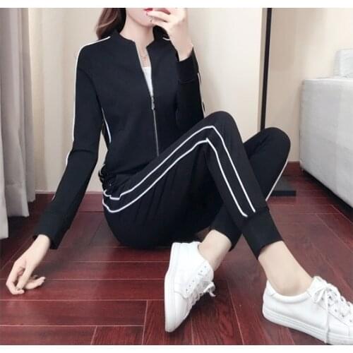 S-2XL Autumn Women Sportswear suits Black long sleeve Slim White Striped Cotton Casual Tracksuits Popular Womens Sporting Suit