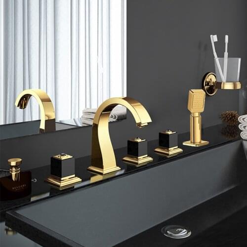 Bathtub Faucets Mixer 5 Pcs Spout Tub Sink Mixer Taps Gold Brass Hot and Cold Water Bathroom shower Faucet with Handshower Taps