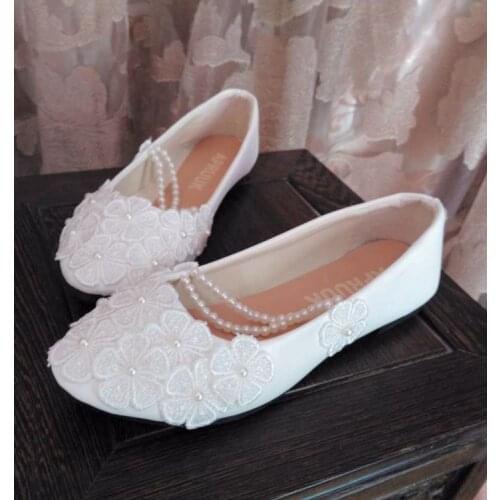 Plus size 41 42 43 flats wedding shoes beading straps sweet romantic brides bridesmaid shoes lady girl party dress lace shoes
