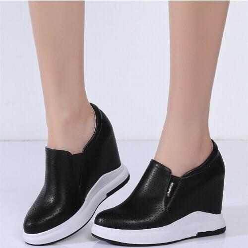 Breathable Pumps Shoes Women Genuine Leather Wedges High Heel Ankle Boots Female Slip On Round Toe Fashion Sneakers Casual Shoe