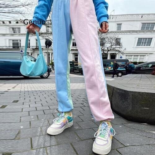 Streetwear Patchwork Sweatpants Women Joggers High Waist Pants Contrast Color Casual Trousers Sweat Pants Bottom