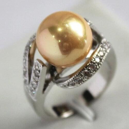 New design jewelry silver plated with crystal decorated &12mm salmon pink shell pearl ring(#7.8.9)