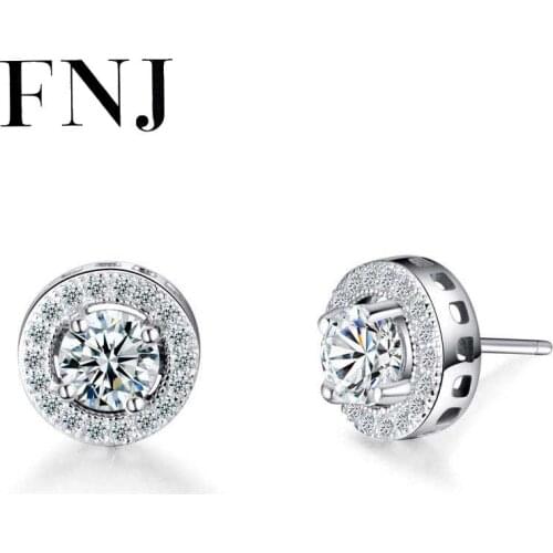 FNJ Round Earrings 925 Silver Jewelry Original Pure S925 Sterling Silver Stud Earring for Women White Zircon