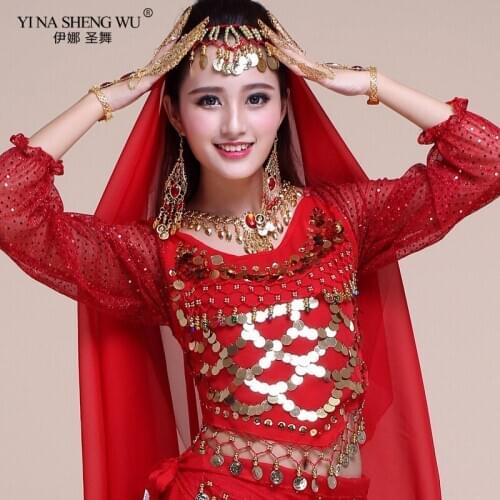 Belly Dance Costumes Top Adult Female Long Sleeve Sequins Tops India Belly Dancing Accessories Bellydance Performance Clothing