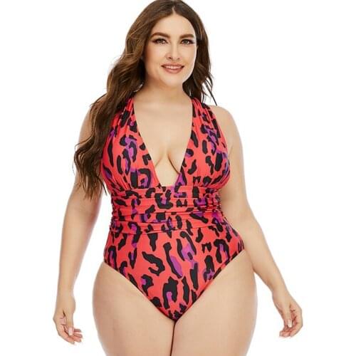 Plus Size One Piece Swimsuit Women DeepV Bathing Suit Leopard Swimwear Backless Swimming Suit Bodysuit Sexy Swimsuit Plunge 2021