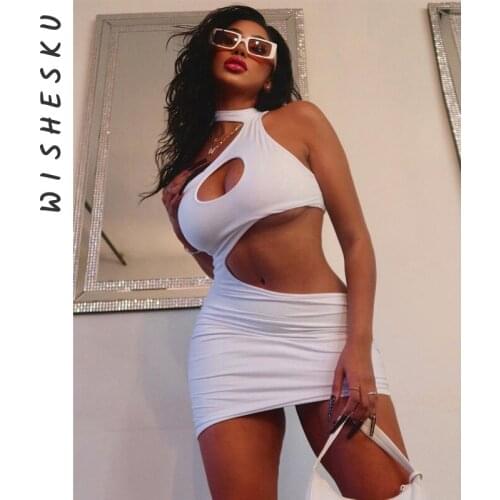 Hollow Out Women One Shoulder Mini Dress Sleeveless Bodycon Sexy Streetwear Party Club Elegant 2021 Summer Fairy Grunge Clothes