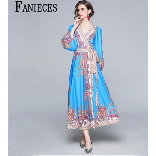 2021 Spring Autumn Runway Maxi Dresses Women High Quality Vintage Print Long Party Dress Vestidos femme robe vestido de mulher