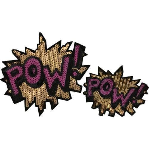 1 Set(1 Large+1 Small) Gold and Pink POW Sequins Patches Iron on Patch Sewing Garment Accessories DIY Decoration Appliques