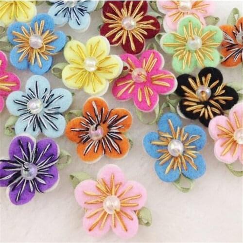 20PC Felt Flower w/Bead Leaf Appliques/Craft -10 colors -(pick color) A0167