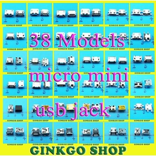 38Models, 76pcs/lot Micro Mini USB 5P 5-pin Jack Connector Tail Charging Socket Female Mix DIP SMD Type Free Shipping