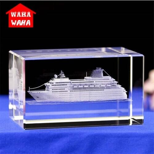 3D Carved Boat Model Crystal 3D Laser Engraved Rectangles K9 Crystal Luxury Cruise Ship Model Sculpture White Souvenir Crafts