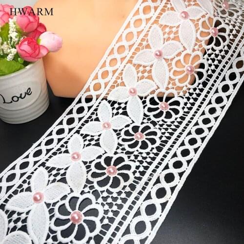 5yard 15cm White Hollow Bar Code 3d Lace Fabric With Pink Beads Sewing Trim Dress Accessories Diy Embroidery Clothing Decoration