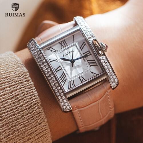 RUIMAS Automatic Watches Women Luxury Leather Strap Mechanical Wristwatch Lady Female Vintage Square Watch Relogio Feminino 6773