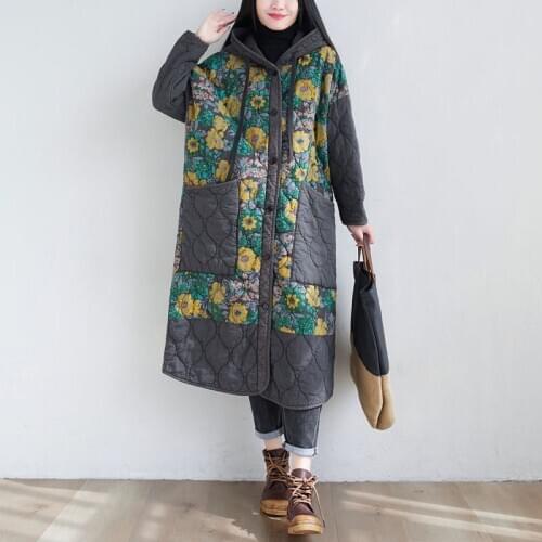 Big Size Long Cotton-padded Coat Women Loose Floral Print Parkas Chinese Style Winter Punk Streetwear Baggy Thick Hooded Coat