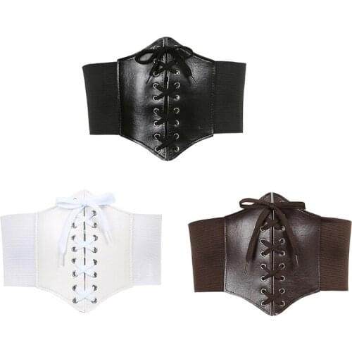 F3MD Gothic Dark Lace Up Female Waist Corset Belt Wide PU Leather Belts Women Fashion Slimming Waistband Adjustable