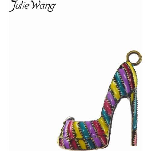 Julie Wang 4PCS Enamel High Heel Charms Alloy Colorful Women Shoes Shape Pendant Handmade Fashion Jewelry Making Accessory