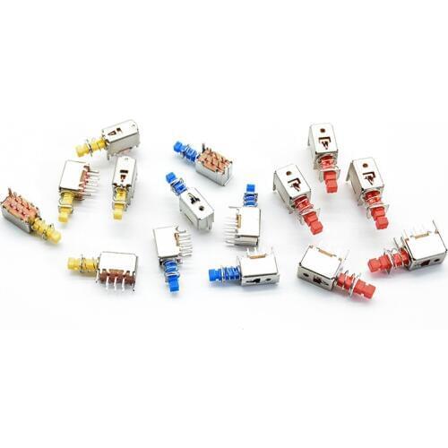 5pcs Right Angle PCB Latching Push Button Switch DPDT Double Pole 6 Pin self-locking key power switches red blue yellow A03/04