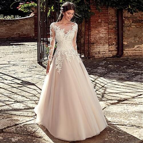 Beautiful Tulle Nude Long Sleeves A-line Wedding Dresses Applique Lace Sexy Bridal Dress vestidos de noiva simples