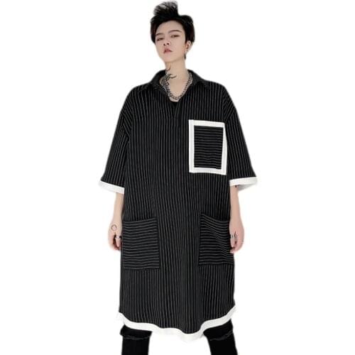 Summer Men oversized loose shirt Short sleeve Striped Extra long Big pockets Black and white Cotton Hiphop High street