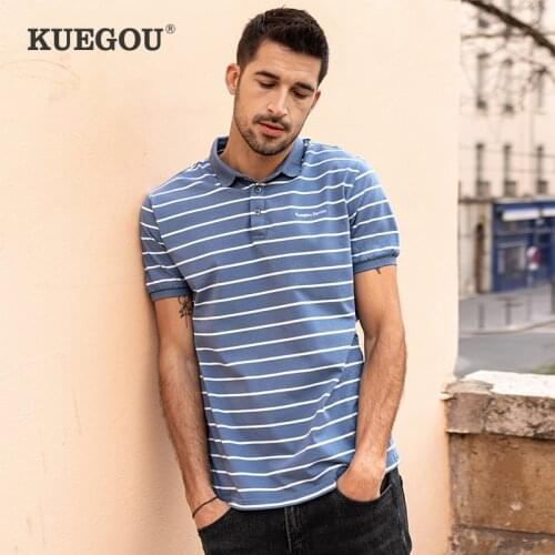 KUEGOU 100% Cotton Clothing Mens Striped Polo shirts short sleeves Fashion Lapels Slim Summer Polos Men Top Plus Size ZT-90023
