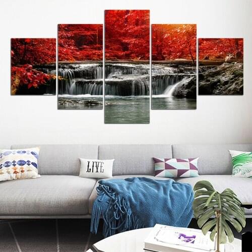 Modern Red Tree Waterfall Diamond Painting 5 Piece Crystal Diamond Mosaic Square Round drill embroidery full display Home Decor