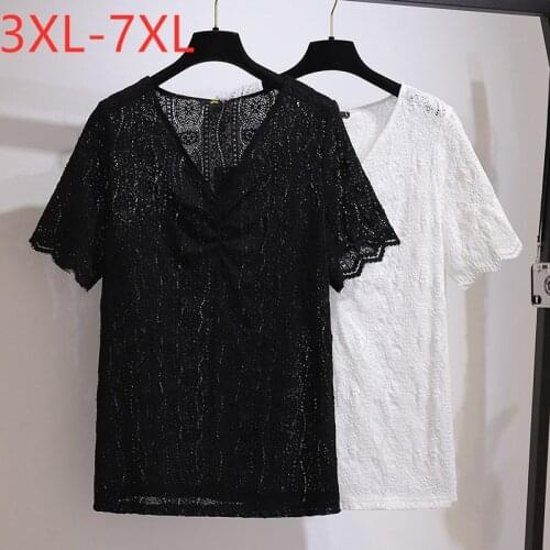 New 2021 Ladies Summer Plus Size Tops For Women Large Short Sleeve Loose Black White Lace V-neck T-shirt 3XL 4XL 5XL 6XL 7XL