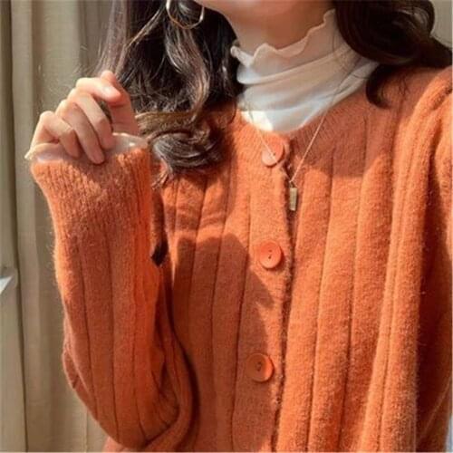 Single Breasted Loose Woman Knitwear Fall Lovely Elegant Girl Sweater Korean Fashion Sweaters Women Vintage Orange Preppy