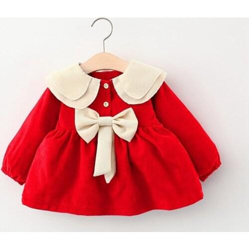 Autumn Girls Kids Princess Dress Sweet Outfits Children Baby Infant Long Sleeve Lapel Collar Corduroy Bow Dresses Vestido S12892