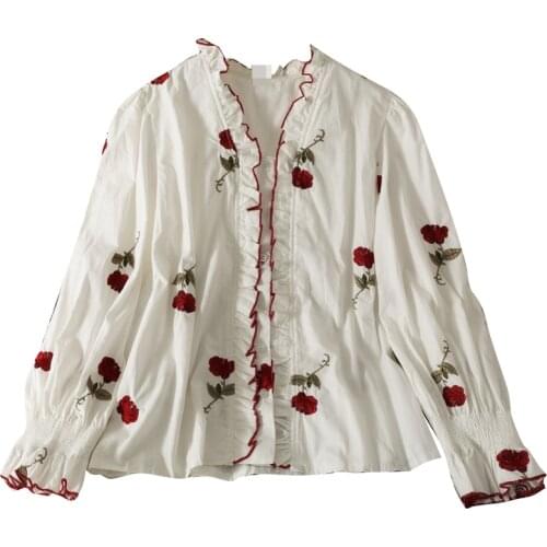 Autumn loose retro flower embroidered V-neck striped wooden ears single-breasted long-sleeved shirt