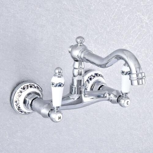 Polished Chrome Brass Ceramic Base Wall Mounted Bathroom Kitchen Sink Faucet Swivel Spout Mixer Tap Dual Ceramic Handles msf768
