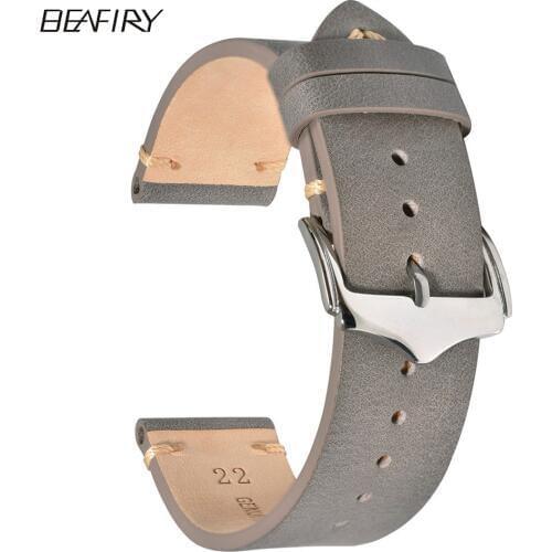 BEAFIRY Genuine Leather 18mm 20mm 22mm Watch Band Grey Calfskin Leather Watch Straps for Men Women for Samsung Tissot Seiko