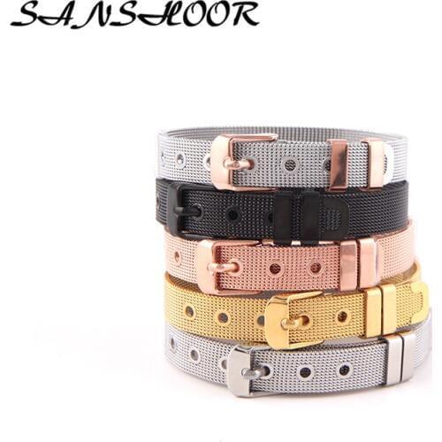 SANSHOOR 21cm Stainless Steel Mesh Armband Bracelet Bangles Plus 2 Stoppers 5 Colors Fit Keeper Charms Design 5Pcs