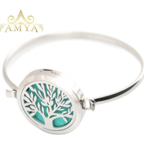 SIlver Jewelry tree of life Aromatherapy / 316L s.steel Essential Oils Diffuser Locket bangle 7''-8''wrist and 10pcs felt pads