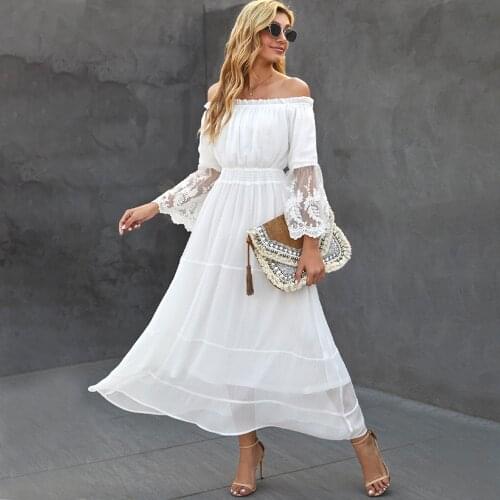 TEELYNN Chiffon White splice lace long Dresses For Women 2021 Vintage Off The Shoulder Flare Sleeve Vestidos Boho Beach Dress