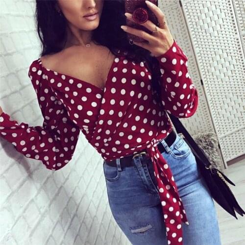 LaStylisher Fashion Womens Tops And Blouses Spring Dot Crop Top V Neck Long Sleeve Tee Elegant Ladies Blouse Female Streetwear