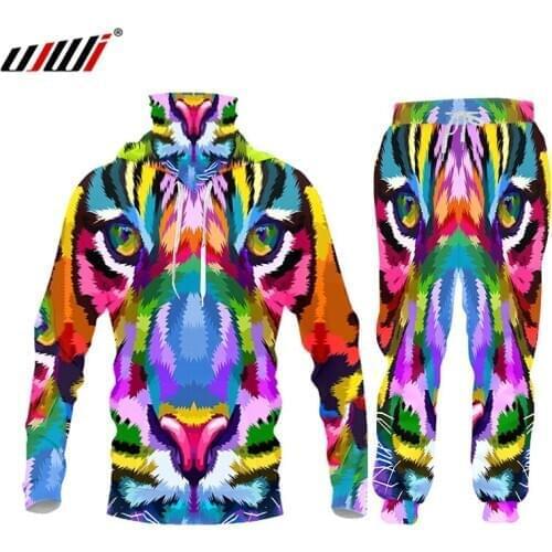 UJWI Tracksuit Winter Male Discount 2-piece Colorful tiger Drops Sportswear Suit 3D Digital Printing Hoodies Men Custom 5XL