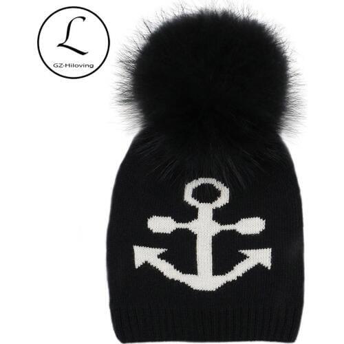 GZHILOVINGL Autumn Winter Knitted Wool Hats For Women Girls Anchor Beanies Hat Warm Caps With Natural Genuine Raccoon Fur Pompom