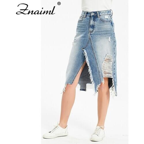 Znaiml Womens Pipped Denim Skirt Asymmetrical Pencil Jean Skirt Ladies High Split Hollow Out Midi Skirt Casual Streetwear Skirt
