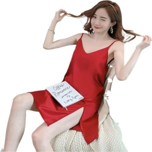 Female Sexy sling sleeveless Nightdress Women Silk Nightdress Soft Satin Home Wear
