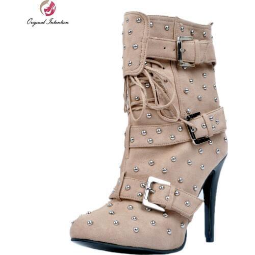 Original Intention Stylish Women Ankle Boots Nice Rivtes Round Toe Thin Heels High-quality Beige Shoes Woman Plus US Size 4-15