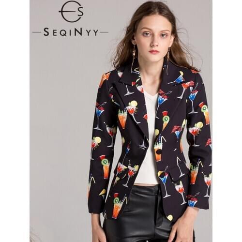 SEQINYY Black Blazer 2020 Autumn New Fashion Design Long Sleeve Women Wine Glass Printed Female Jacket