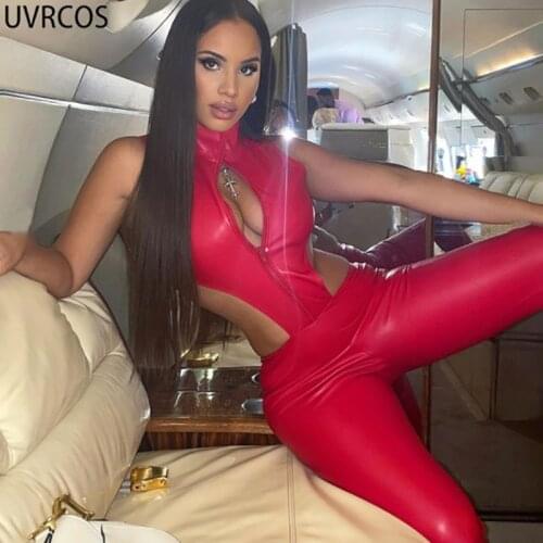 UVRCOS Sexy Cyber Y2K PU Faux Leather Jumpsuit Women Autumn Backless Jacket Connected Flare Pants Overall Female Club Attirewear