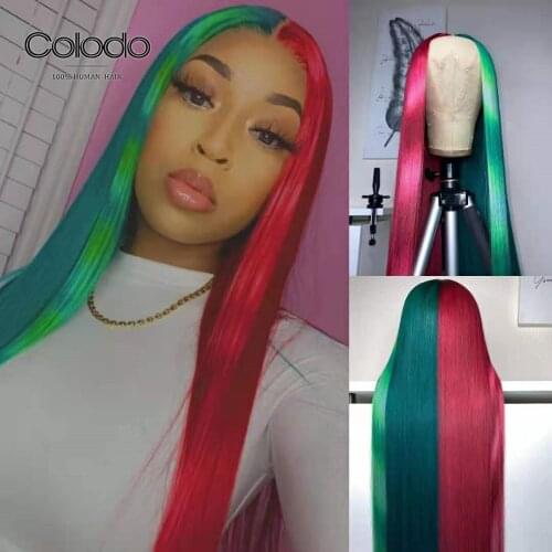 COLODO 13x4 Lace Front Wig Preplucked Brazilian Remy Straight Wig Half Red Half Green Lace Front Human Hair Wigs For Women
