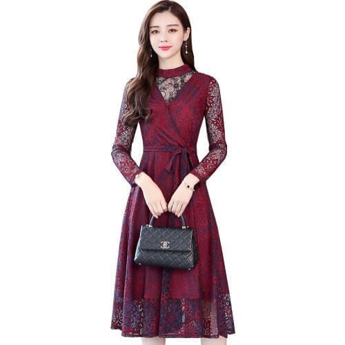 Autumn Winter Vintage New Plus Size Lace Sexy Midi Dress 2019 Korean Elegant Women Bodycon Party Black Mesh Dress Maxi Vestidos