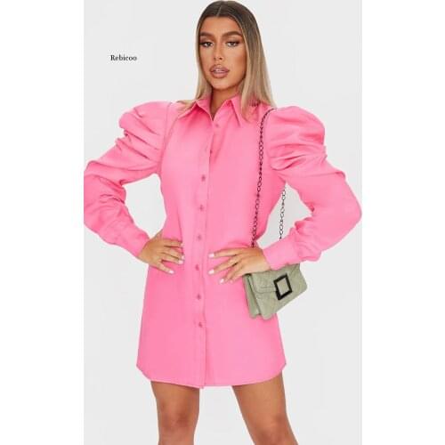 Women Dress Puff Sleeve Cotton White Shirt Dresseswomen Pink Green Long Sleeve Casual Short Dresses Women Fashion